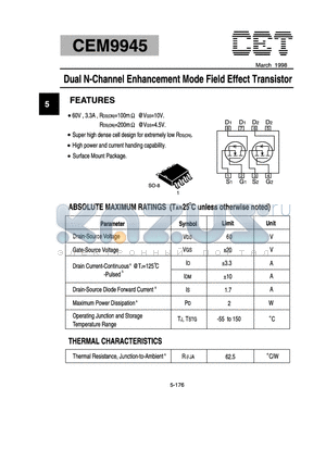 CEM9945 datasheet - Dual N-Channel Enhancement Mode Field Effect Transistor