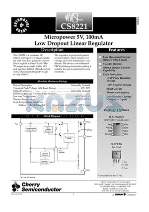 CS8221YDP3 datasheet - Micropower 5V, 100mA Low Dropout Linear Regulator