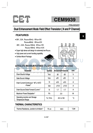CEM9939 datasheet - Dual Enhancement Mode Field Effect Transistor(N and P Channel)