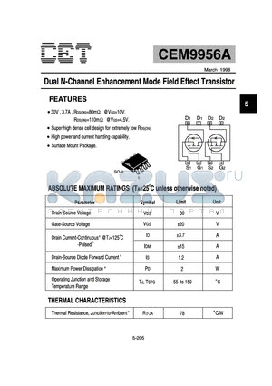 CEM9956A datasheet - Dual N-Channel Enhancement Mode Field Effect Transistor