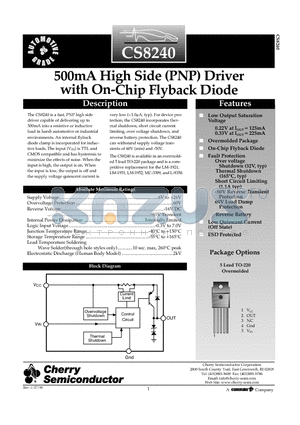 CS8240YTFVA5 datasheet - 500mA High Side (PNP) Driver with On-Chip Flyback Diode