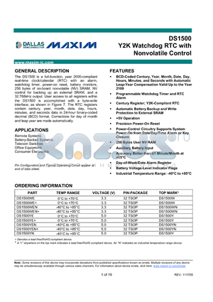 DS1500WE+ datasheet - Y2K Watchdog RTC with Nonvolatile Control