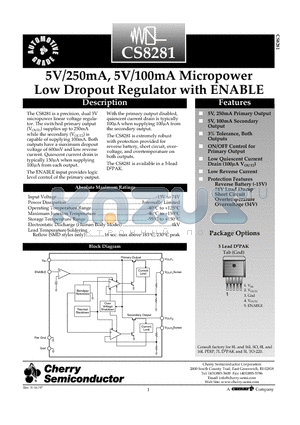 CS8281YDP5 datasheet - 5V/250mA, 5V/100mA Micropower Low Dropout Regulator with ENABLE