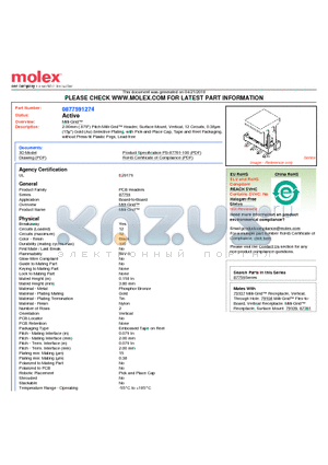 87759-1274 datasheet - 2.00mm (.079) Pitch Milli-Grid Header, Surface Mount, Vertical, 12 Circuits, 0.38lm (15l) Gold (Au) Selective Plating, with Pick-and-Place Cap, Tape and Reel Packaging