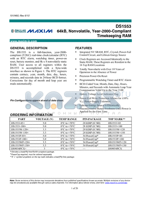 DS1553 datasheet - 64kB, Nonvolatile, Year-2000-Compliant Timekeeping RAM