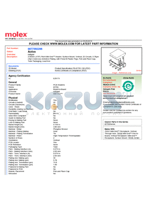 87759-2266 datasheet - 2.00mm (.079) Pitch Milli-Grid Header, Surface Mount, Vertical, 22 Circuits, 0.76lm (30l) Gold (Au) Selective Plating, with Press-fit Plastic Pegs, Pick-and-Place Cap