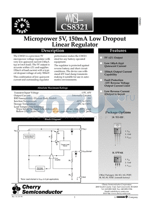 CS8321YT3 datasheet - Micropower 5V, 150mA Low Dropout Linear Regulator