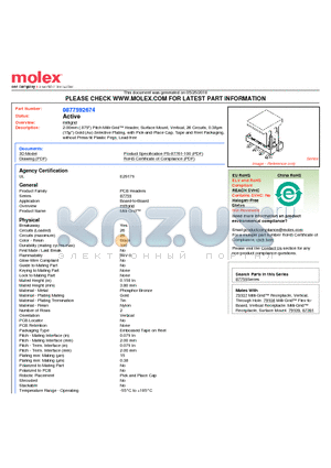 87759-2674 datasheet - 2.00mm (.079) Pitch Milli-Grid Header, Surface Mount, Vertical, 26 Circuits, 0.38lm (15l) Gold (Au) Selective Plating, with Pick-and-Place Cap, Tape and Reel Packaging