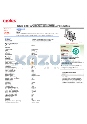 87759-2814 datasheet - 2.00mm (.079) Pitch Milli-Grid Header, Surface Mount, Vertical, 28 Circuits, 0.38lm (15l) Gold (Au) Selective Plating, without Press-fit Plastic Pegs, Lead-free