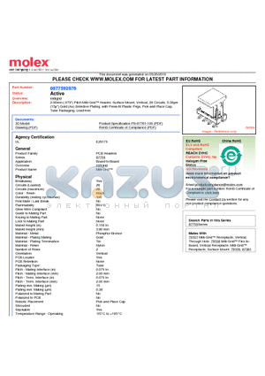 87759-2876 datasheet - 2.00mm (.079) Pitch Milli-Grid Header, Surface Mount, Vertical, 28 Circuits, 0.38lm (15l) Gold (Au) Selective Plating, with Press-fit Plastic Pegs, Pick-and-Place Cap