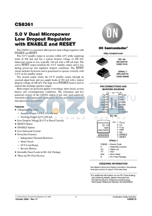 CS8361YDPSR7G datasheet - 5.0 V Dual Micropower Low Dropout Regulator with ENABLE and RESET