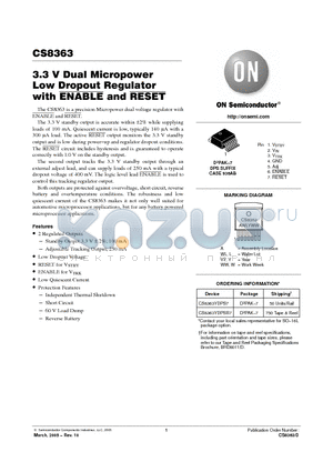 CS8363YDPS7 datasheet - 3.3 V Dual Micropower Low Dropout Regulator with ENABLE and RESET