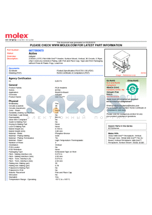 87759-3675 datasheet - 2.00mm (.079) Pitch Milli-Grid Header, Surface Mount, Vertical, 36 Circuits, 0.76lm (30l) Gold (Au) Selective Plating, with Pick-and-Place Cap, Tape and Reel Packaging