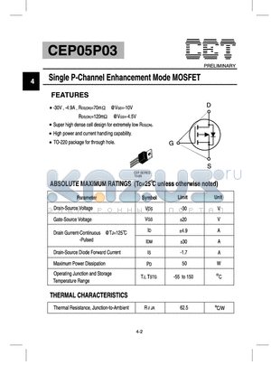 CEP05P03 datasheet - Single P-Channel Enhancement Mode MOSFET