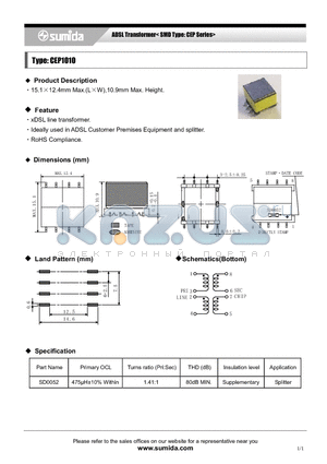 CEP1010 datasheet - ADSL Transformer< SMD Type: CEP Series>