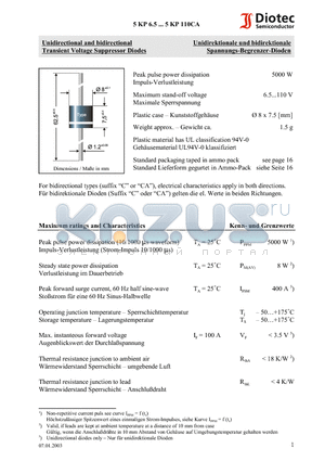 5KP14 datasheet - Unidirectional and bidirectional Transient Voltage Suppressor Diodes