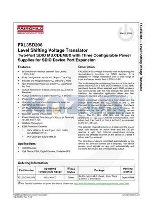 FXL3SD206UMX datasheet - Level Shifting Voltage Translator Two-Port SDIO MUX/DEMUX with Three Configurable Power Supplies for SDIO Device Port Expansion