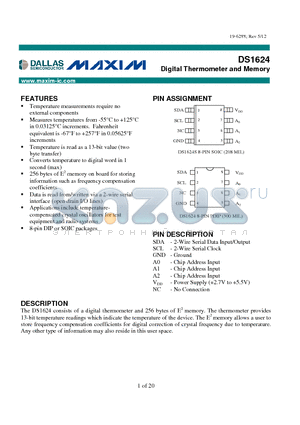 DS1624+ datasheet - Digital Thermometer and Memory