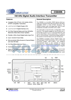 CS8406-CZZR datasheet - 192 kHz Digital Audio Interface Transmitter