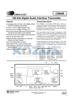 CS8406 datasheet - 192 KHZ DIGITAL AUDIO INTERFACE TRANSMITTER