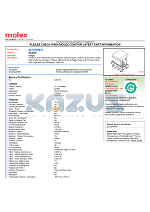 87759-4674 datasheet - 2.00mm (.079) Pitch Milli-Grid Header, Surface Mount, Vertical, 46 Circuits, 0.38lm (15l) Gold (Au) Selective Plating, without Press-fit Plastic Pegs