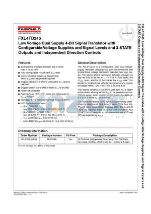 FXL4TD245 datasheet - Low Voltage Dual Supply 4-Bit Signal Translator with Configurable Voltage Supplies and Signal Levels and 3-STATE