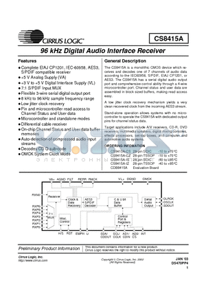 CS8415A datasheet - 96 kHz DIGITAL AUDIO INTERFACE RECEIVER