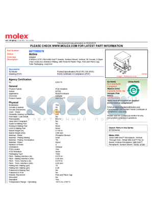 87759-5076 datasheet - 2.00mm (.079) Pitch Milli-Grid Header, Surface Mount, Vertical, 50 Circuits, 0.38lm (15l) Gold (Au) Selective Plating, with Press-fit Plastic Pegs, Pick-and-Place Cap