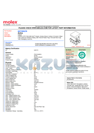 87759-5276 datasheet - 2.00mm (.079) Pitch Milli-Grid Header, Surface Mount, Vertical, 8 Circuits, 0.38lm (15l) Gold (Au) Selective Plating, with Press-fit Plastic Pegs, Pick-and-Place Cap