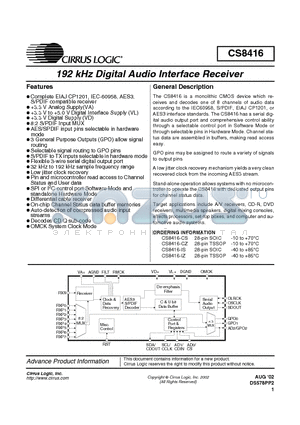 CS8416 datasheet - 192 kHZ DIGITAL AUDIO INTERFACE RECEIVER