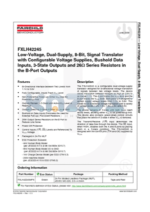 FXLH42245MPX_09 datasheet - Low-Voltage, Dual-Supply, 8-Bit, Signal Translator with Configurable Voltage Supplies, Bushold Data Inputs, 3-State Outputs and 26Y Series Resistors in the B-Port Outputs