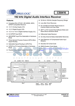 CS8416 datasheet - 192 kHZ DIGITAL AUDIO INTERFACE RECEIVER