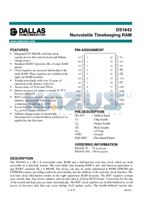 DS1642-70 datasheet - Nonvolatile Timekeeping RAM