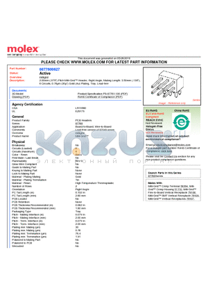 87760-0627 datasheet - 2.00mm (.079) Pitch Milli-Grid Header, Right Angle, Mating Length: 3.50mm (.138), 6 Circuits, 0.76lm (30l) Gold (Au) Plating, Tray, Lead-free