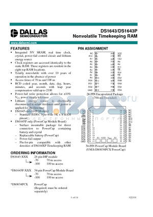 DS1643P datasheet - Nonvolatile Timekeeping RAM
