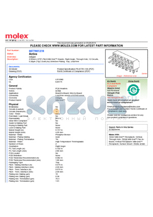 87760-1216 datasheet - 2.00mm (.079) Pitch Milli-Grid Header, Right Angle, Through Hole, 12 Circuits, 0.38lm (15l) Gold (Au) Selective Plating, Tray, Lead-free