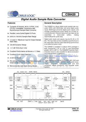 CS8420-CSZ datasheet - DIGITAL AUDIO SAMPLE RATE CONVERTER