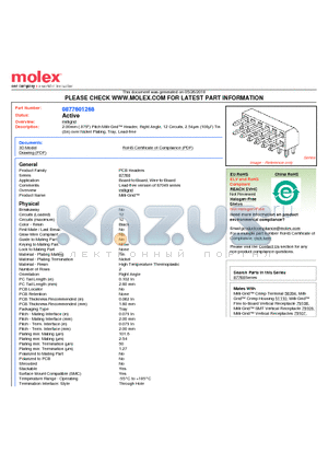 87760-1268 datasheet - 2.00mm (.079) Pitch Milli-Grid Header, Right Angle, 12 Circuits, 2.54lm (100l) Tin (Sn) over Nickel Plating, Tray, Lead-free