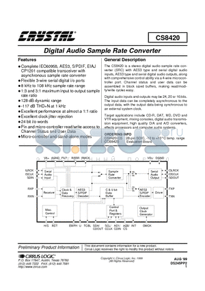 CS8420 datasheet - DIGITAL AUDIO SAMPLE RATE CONVERTER