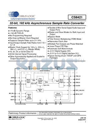 CS8421-CNZR datasheet - 32-bit, 192 kHz Asynchronous Sample Rate Converter