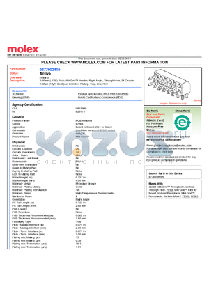 87760-2416 datasheet - 2.00mm (.079) Pitch Milli-Grid Header, Right Angle, Through Hole, 24 Circuits, 0.38lm (15l) Gold (Au) Selective Plating, Tray, Lead-free