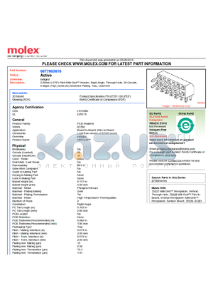 87760-3816 datasheet - 2.00mm (.079) Pitch Milli-Grid Header, Right Angle, Through Hole, 38 Circuits, 0.38lm (15l) Gold (Au) Selective Plating, Tray, Lead-free