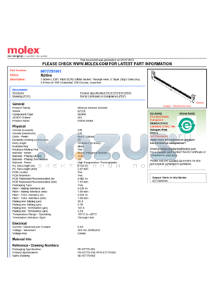 87775-1001 datasheet - 1.00mm (.039) Pitch DDR2 DIMM Socket, Through Hole, 0.76lm (30l) Gold (Au), 2.67mm (0.109) Soldertail, 276 Circuits, Lead free