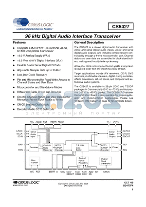 CS8427 datasheet - 96 kHz Digital Audio Interface Transceiver
