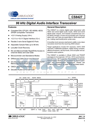 CS8427 datasheet - 96 kHz Digital Audio Interface Transceiver