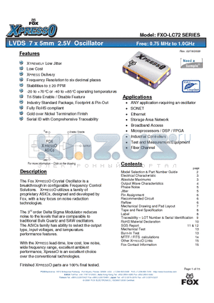 FXO-LC72 datasheet - LVDS 7 x 5mm 2.5V Oscillator