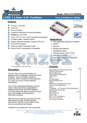 FXO-LC73 datasheet - LVDS 7 x 5mm 3.3V Oscillator
