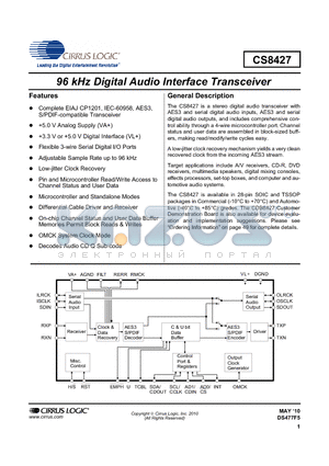 CS8427-CSZ datasheet - 96 kHz Digital Audio Interface Transceiver