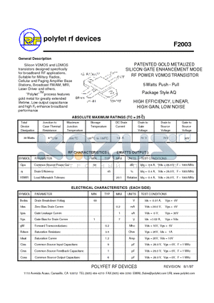 F2003 datasheet - PATENTED GOLD METALIZED SILICON GATE ENHANCEMENT MODE RF POWER VDMOS TRANSISTOR