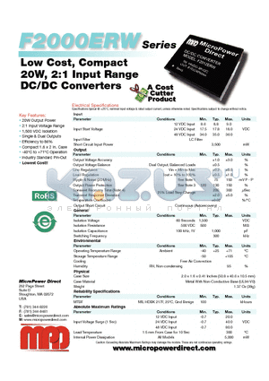 F2000ERW datasheet - Low Cost, Compact 20W, 2:1 Input Range DC/DC Converters